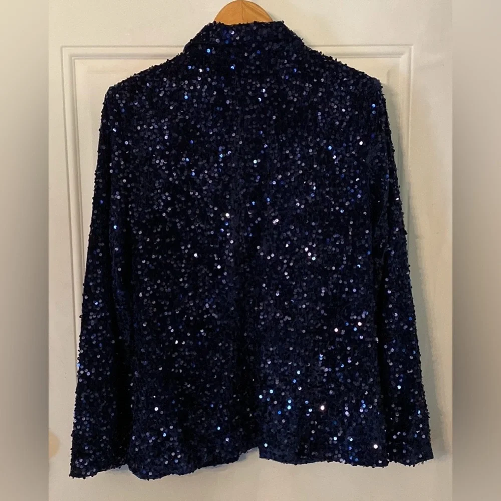 Nanette Lepore Girls’ Night Out Sapphire Blue Velvet Sequin Blazer Jacket - Picture 7 of 16